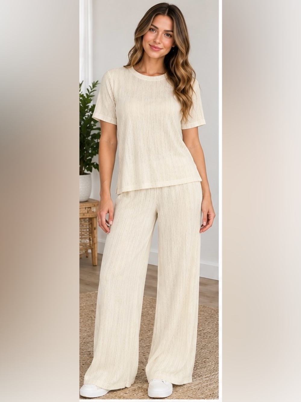 NWT Active USA Ivory Crinkle Knit 2 Piece Wide Leg Pants Set Size M - New In Bag